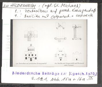 Vorschaubild zu Hildesheim, St. Michael: li: Zentralbau auf griech. Kreuzgrundriss, rechts: Basilika mit Ostquerschiff und Westwerk Diasammlung